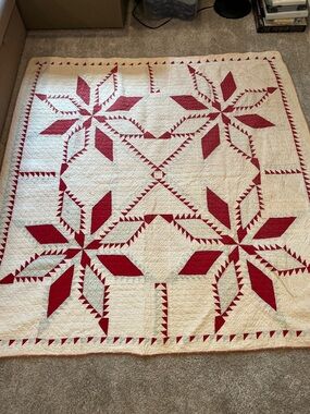 Handstitched Vintage Red and Cream Star Quilt Wall Hanging.